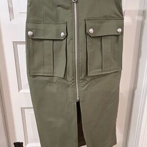 Veronica Beard Olive Green Midi Skirt with Front Pockets & Zip